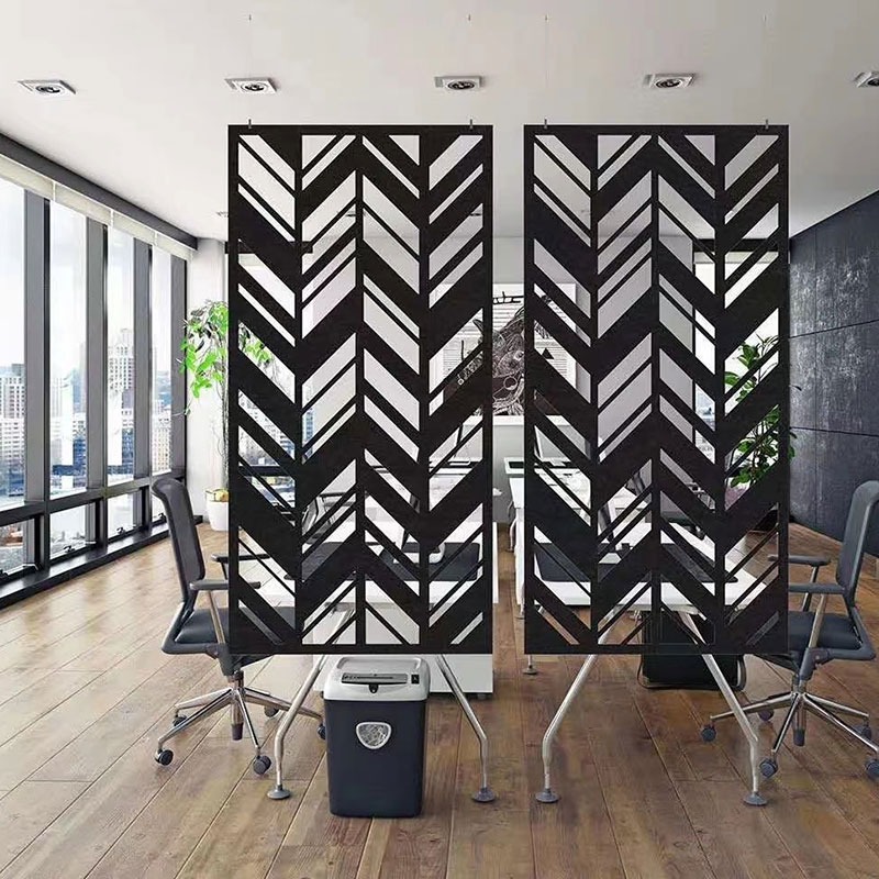 Hanging sound absorbing screens for restaurant privacy and decor