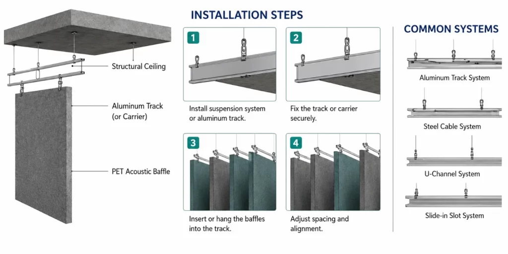 Technical installation infographic for PET acoustic baffles suspended from a structural ceiling using aluminum tracks.