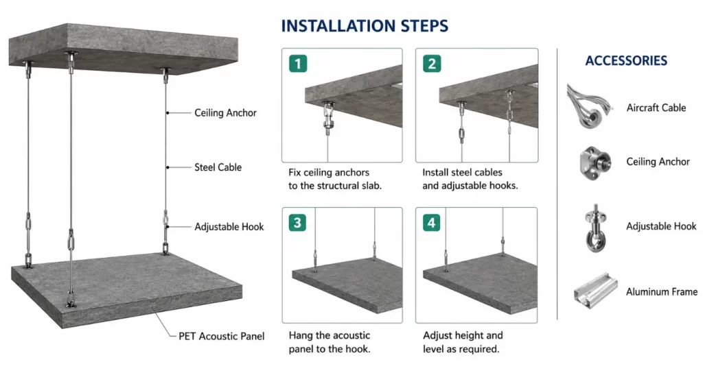 Installation guide infographic for suspended PET acoustic panels