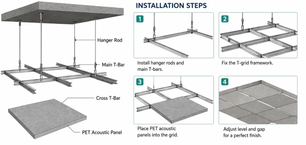 Step-by-step installation diagram for a suspended PET acoustic ceiling panel system