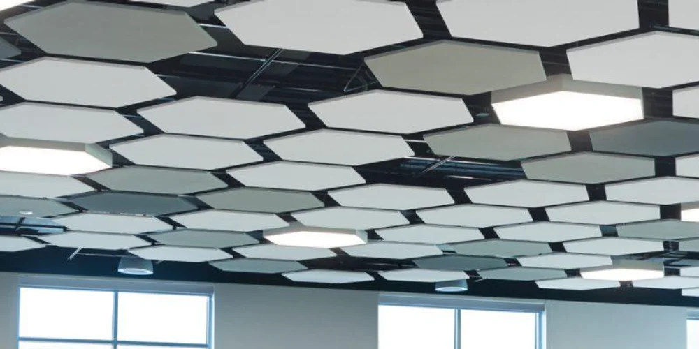 Custom geometric sound absorbing ceiling clouds ASTM E84 Class A