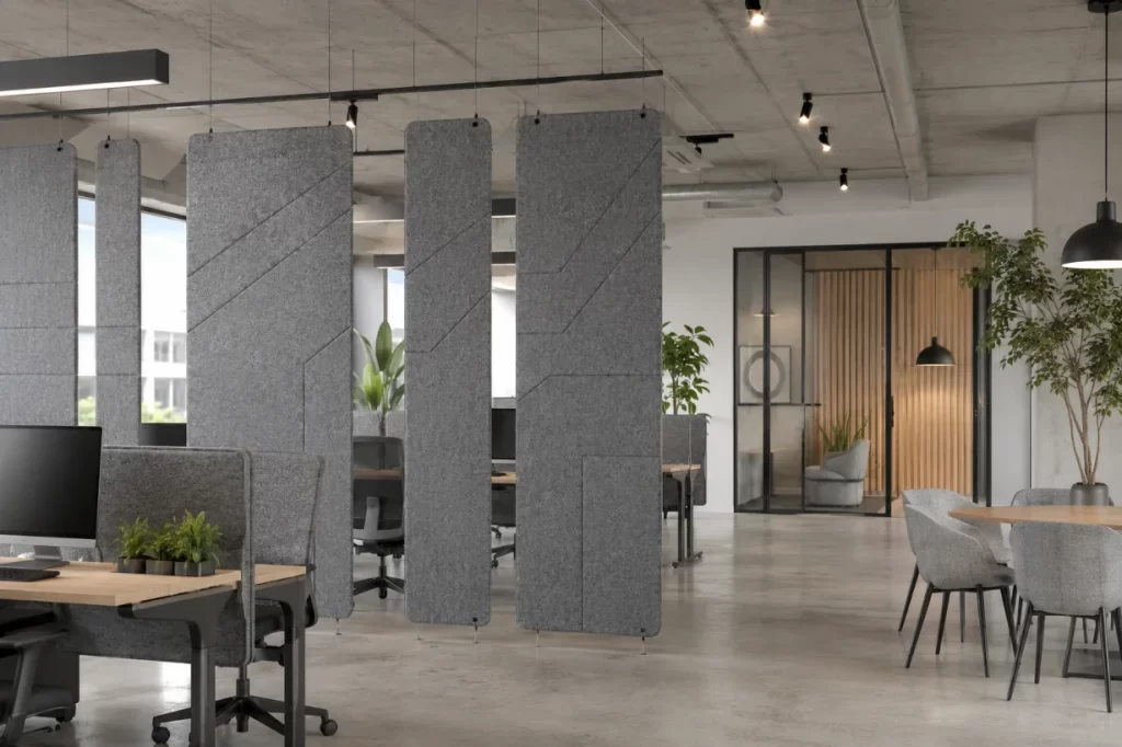 Modern office with gray acoustic PET felt hanging dividers